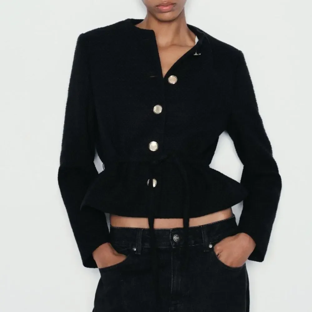 Zara Structured Blazer Lady Jacket Small Black Belted Gold Buttons Preppy Trendy - Picture 3 of 16